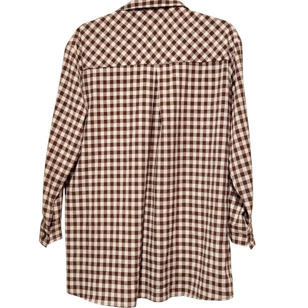 Cider Brown Check Plaid Womens Small Lightweight Button Down Tunic Shirt - Picture 3 of 7